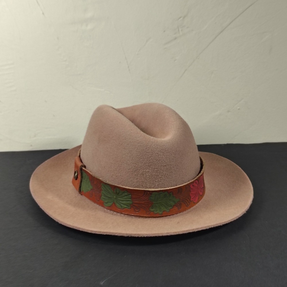 fallenBROKENstreet Pink Wool Fedora Hat Hand Tooled Painted Leather Band Boho OS